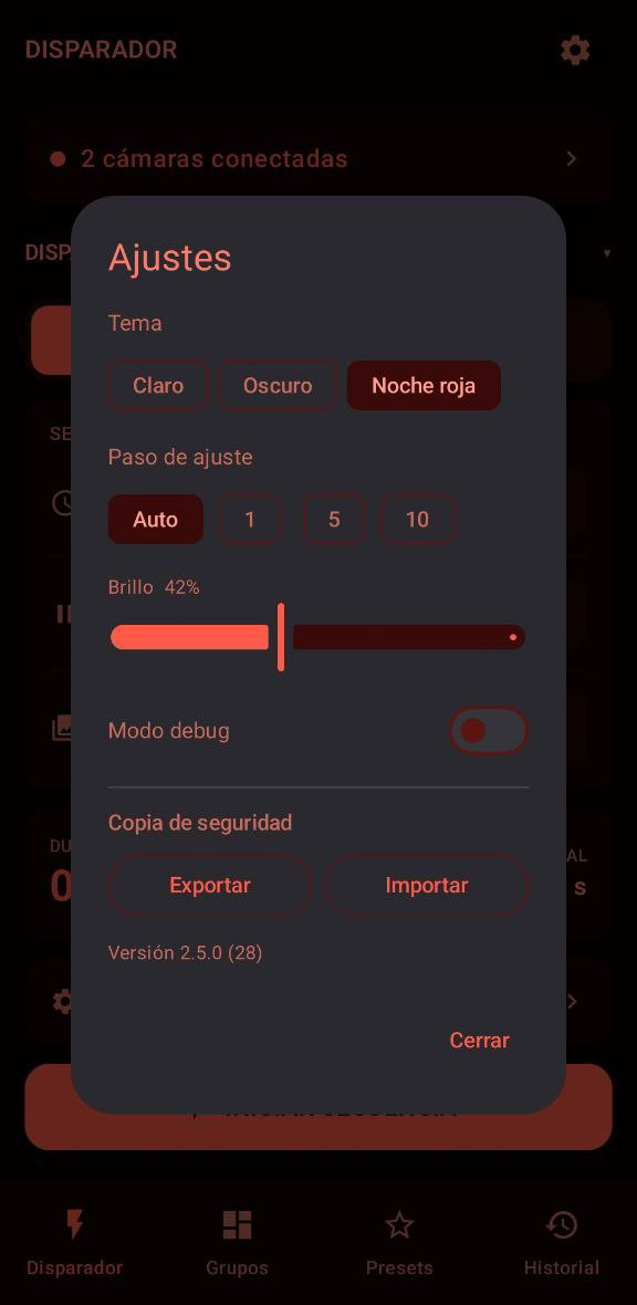Red night mode settings, with brightness control